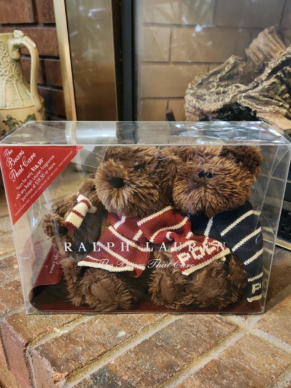 Ralph Lauren Plush Bear Set Red & Navy Sweater Scarves On A Sled Vintage 2003